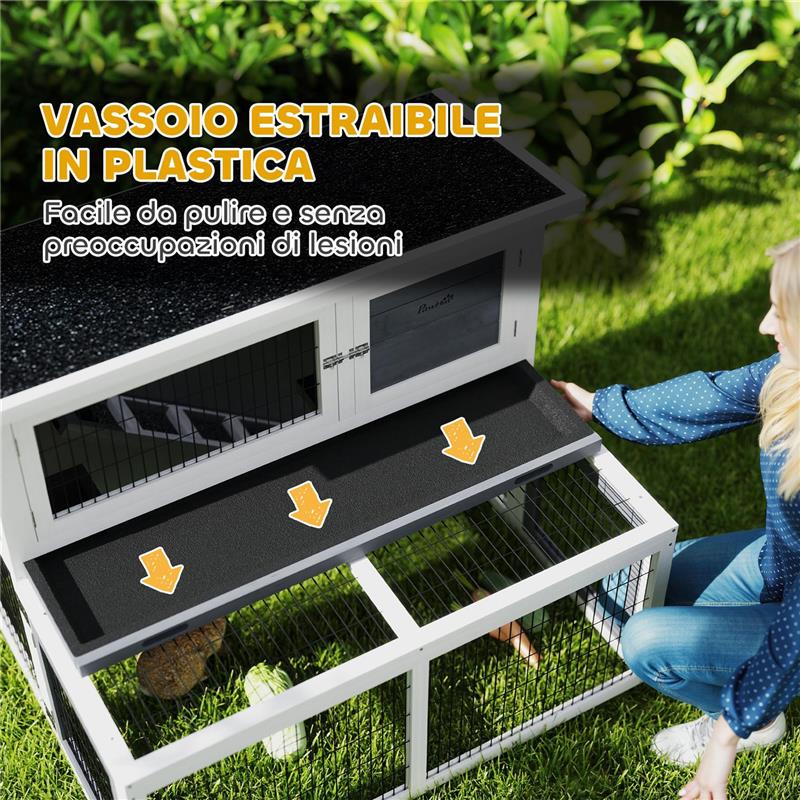 CONIGLIERA A 2 LIVELLI CON VASSOIO ESTRAIBILE IN LEGNO DI ABETE E ACCIAIO 122X95X93.5 CM MULTICOLORE