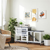 CONIGLIERA A 2 LIVELLI CON RAMPA E 3 VASSOI IN LEGNO DI ABETE E ACCIAIO 147X45X89.5 CM GRIGIO E BIANCO