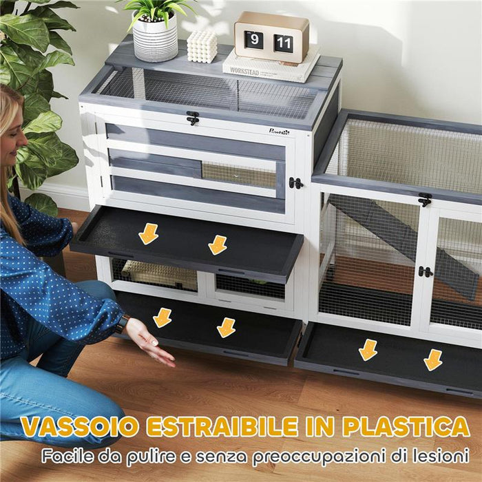 CONIGLIERA A 2 LIVELLI CON RAMPA E 3 VASSOI IN LEGNO DI ABETE E ACCIAIO 147X45X89.5 CM GRIGIO E BIANCO