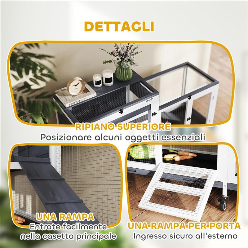 CONIGLIERA A 2 LIVELLI CON RAMPA E 3 VASSOI IN LEGNO DI ABETE E ACCIAIO 147X45X89.5 CM GRIGIO E BIANCO