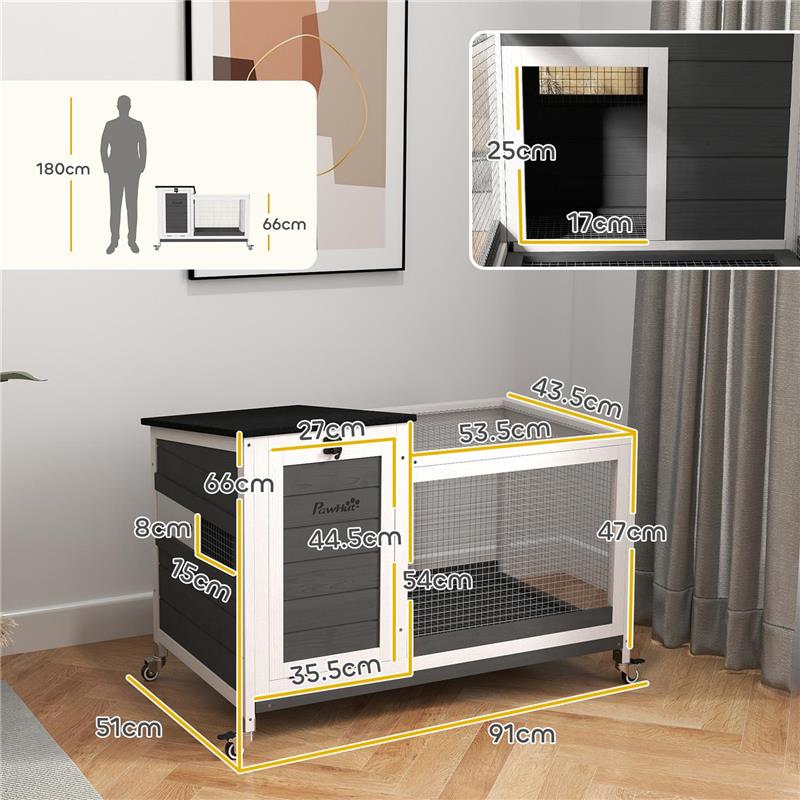 CONIGLIERA DA ESTERNO A ROTELLE CON VASSOIO ESTRAIBILE IN LEGNO DI ABETE E ACCIAIO 91X51X66 CM MULTICOLORE