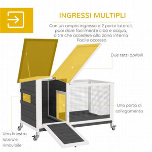 CONIGLIERA DA ESTERNO A ROTELLE CON VASSOIO ESTRAIBILE IN LEGNO DI ABETE E ACCIAIO 91X51X66 CM MULTICOLORE