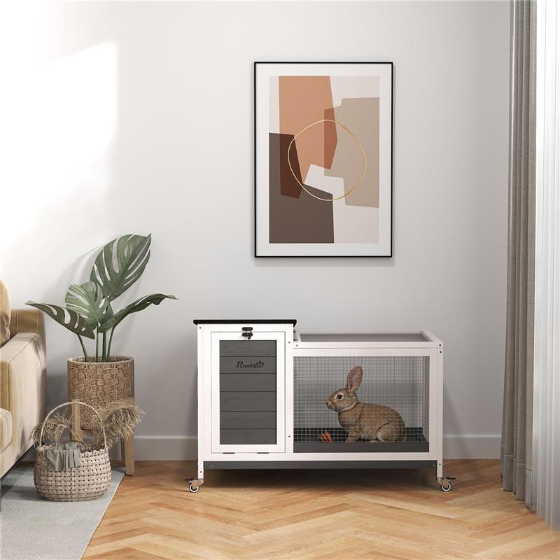 CONIGLIERA DA ESTERNO A ROTELLE CON VASSOIO ESTRAIBILE IN LEGNO DI ABETE E ACCIAIO 91X51X66 CM MULTICOLORE