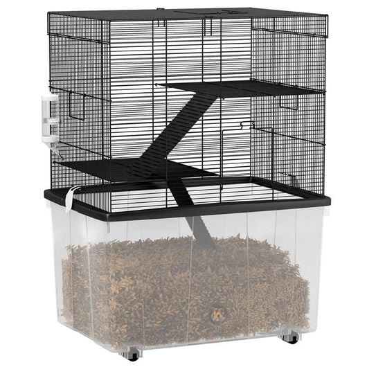 GABBIA PER CRICETI 3 PIANI CON RUOTE 2 PIATTAFORME RAMPE CIOTOLA E BOTTIGLIA 58X43X74 CM NERO