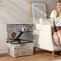 GABBIA PER CRICETI 3 PIANI CON RUOTE 2 PIATTAFORME RAMPE CIOTOLA E BOTTIGLIA 58X43X74 CM NERO