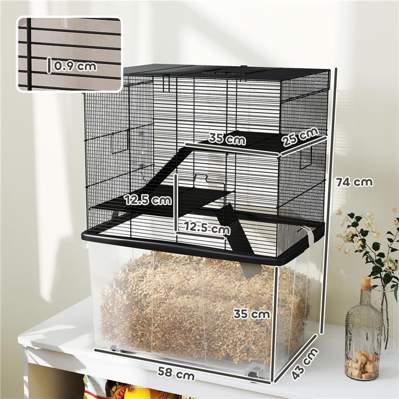 GABBIA PER CRICETI 3 PIANI CON RUOTE 2 PIATTAFORME RAMPE CIOTOLA E BOTTIGLIA 58X43X74 CM NERO