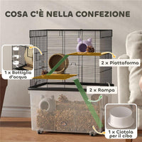 GABBIA PER CRICETI 3 PIANI CON RUOTE 2 PIATTAFORME RAMPE CIOTOLA E BOTTIGLIA 58X43X74 CM NERO