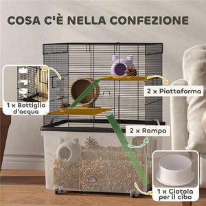 GABBIA PER CRICETI 3 PIANI CON RUOTE 2 PIATTAFORME RAMPE CIOTOLA E BOTTIGLIA 58X43X74 CM NERO