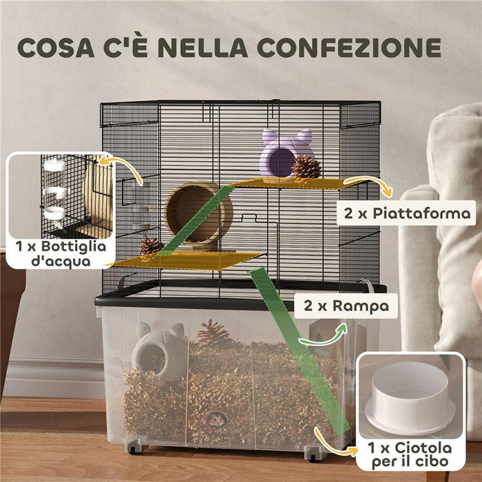GABBIA PER CRICETI 3 PIANI CON RUOTE 2 PIATTAFORME RAMPE CIOTOLA E BOTTIGLIA 58X43X74 CM NERO