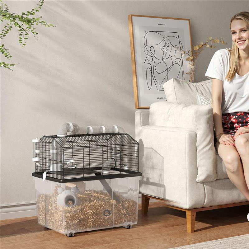 GABBIA PER CRICETI A 2 PIANI CON RUOTE TUBI CIOTOLA BOTTIGLIA E RAMPA 58X43X57 CM NERO