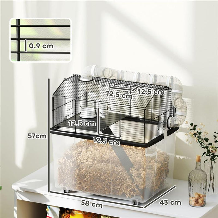 GABBIA PER CRICETI A 2 PIANI CON RUOTE TUBI CIOTOLA BOTTIGLIA E RAMPA 58X43X57 CM NERO