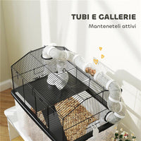 GABBIA PER CRICETI A 2 PIANI CON RUOTE TUBI CIOTOLA BOTTIGLIA E RAMPA 58X43X57 CM NERO