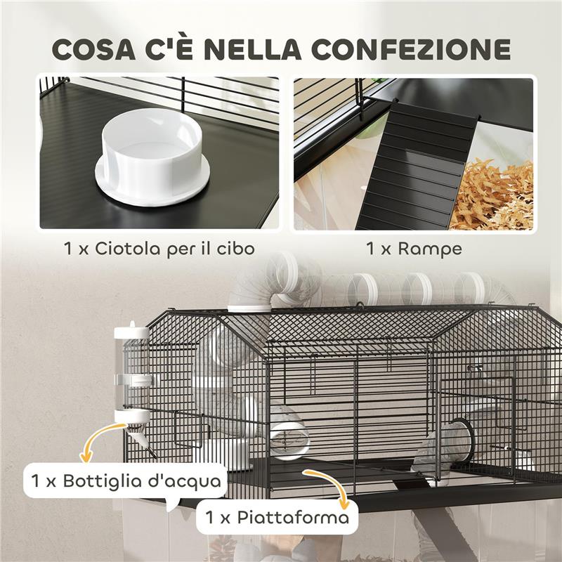 GABBIA PER CRICETI A 2 PIANI CON RUOTE TUBI CIOTOLA BOTTIGLIA E RAMPA 58X43X57 CM NERO
