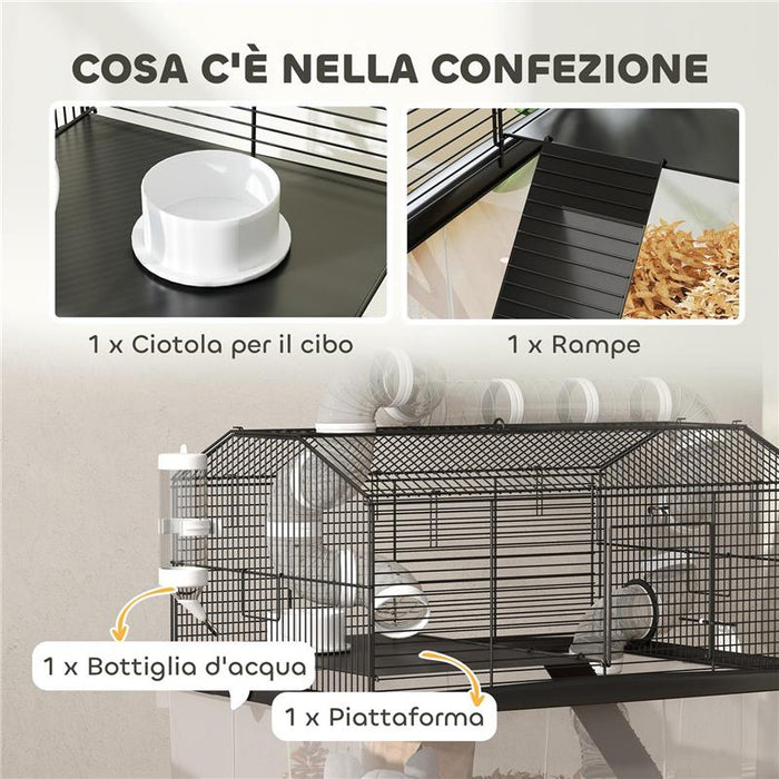 GABBIA PER CRICETI A 2 PIANI CON RUOTE TUBI CIOTOLA BOTTIGLIA E RAMPA 58X43X57 CM NERO