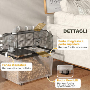 GABBIA PER CRICETI A 2 PIANI CON RUOTE TUBI CIOTOLA BOTTIGLIA E RAMPA 58X43X57 CM NERO