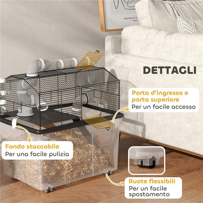 GABBIA PER CRICETI A 2 PIANI CON RUOTE TUBI CIOTOLA BOTTIGLIA E RAMPA 58X43X57 CM NERO