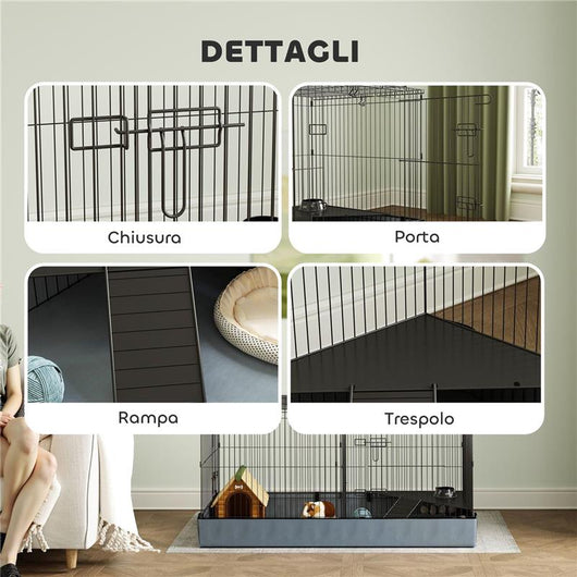 GABBIA PER ANIMALI PICCOLI 2 IN 1 COPERCHIO RIMOVIBILE E SEZIONI SEPARATE 121X61X61 CM NERO
