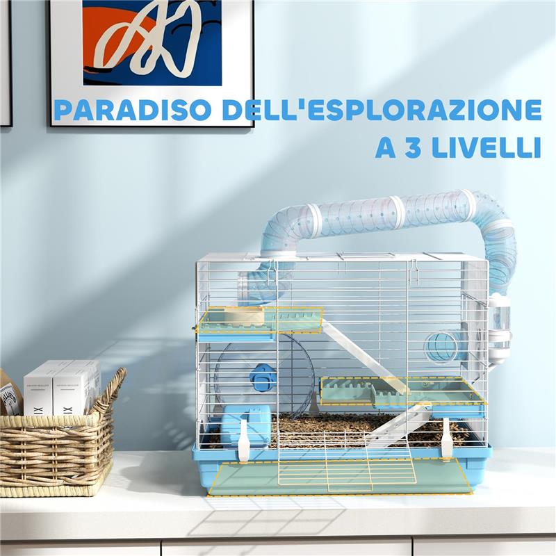 GABBIA PER CRICETI A 3 PIANI CON CASETTA RUOTA CIOTOLA PER CIBO BOTTIGLIA E TUBI 47.X31.5X29.5 CM AZZURRO