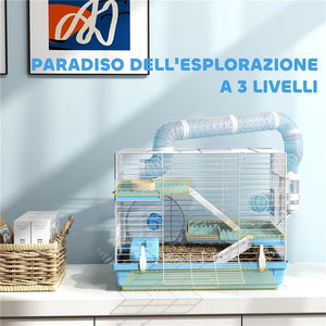GABBIA PER CRICETI A 3 PIANI CON CASETTA RUOTA CIOTOLA PER CIBO BOTTIGLIA E TUBI 47.X31.5X29.5 CM AZZURRO