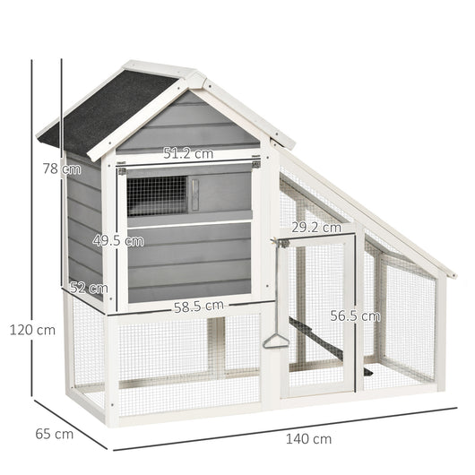 CONIGLIERA IN LEGNO CON AREA APERTA E RAMPA, CASETTA PER CONIGLI CON FONDO ESTRAIBILE E PORTE, 140X65X120CM, GRIGIO