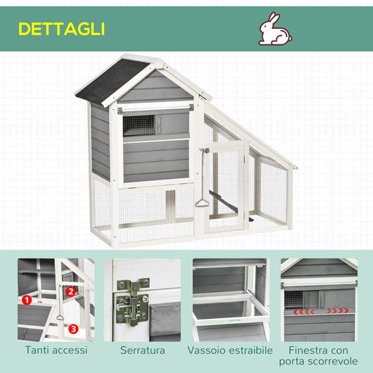 CONIGLIERA IN LEGNO CON AREA APERTA E RAMPA, CASETTA PER CONIGLI CON FONDO ESTRAIBILE E PORTE, 140X65X120CM, GRIGIO