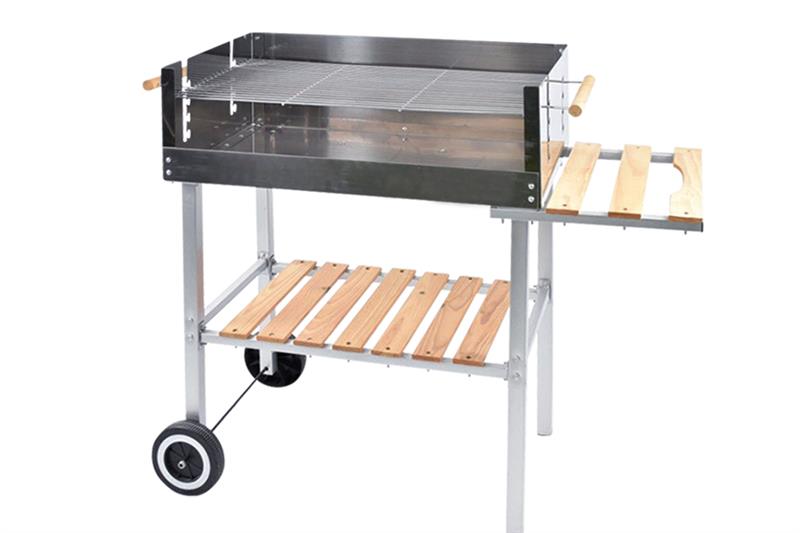 BARBECUE RETTANGOLARE CON RIPIANI IN LEGNO E RUOTE PER SPOSTAMENTO STRUTTURA IN ACCIAIO GRIGIA 100X40X90 CM