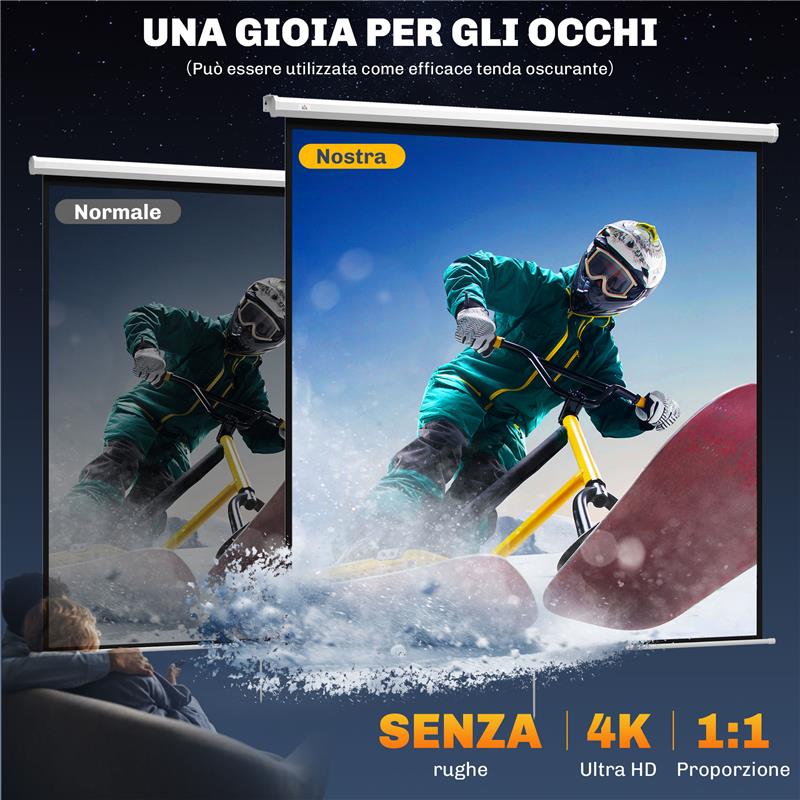 SCHERMO PER PROIETTORE 120" FORMATO 1:1 ANGOLO DI 160° E MONTAGGIO A SOFFITTO O PARETE