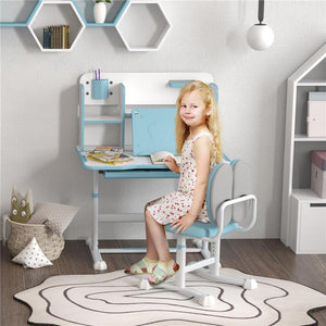SET SCRIVANIA E SEDIA PER BAMBINI REGOLABILI BANCO SCUOLA CON PIANO INCLINABILE CASSETTO SCAFFALE BLU