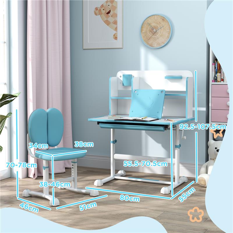 SET SCRIVANIA E SEDIA PER BAMBINI REGOLABILI BANCO SCUOLA CON PIANO INCLINABILE CASSETTO SCAFFALE BLU