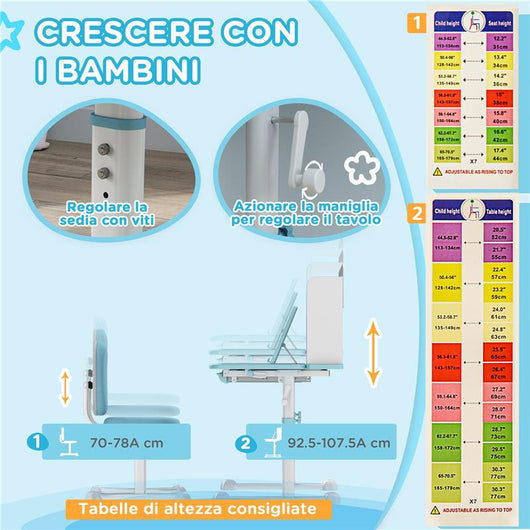 SET SCRIVANIA E SEDIA PER BAMBINI REGOLABILI BANCO SCUOLA CON PIANO INCLINABILE CASSETTO SCAFFALE BLU