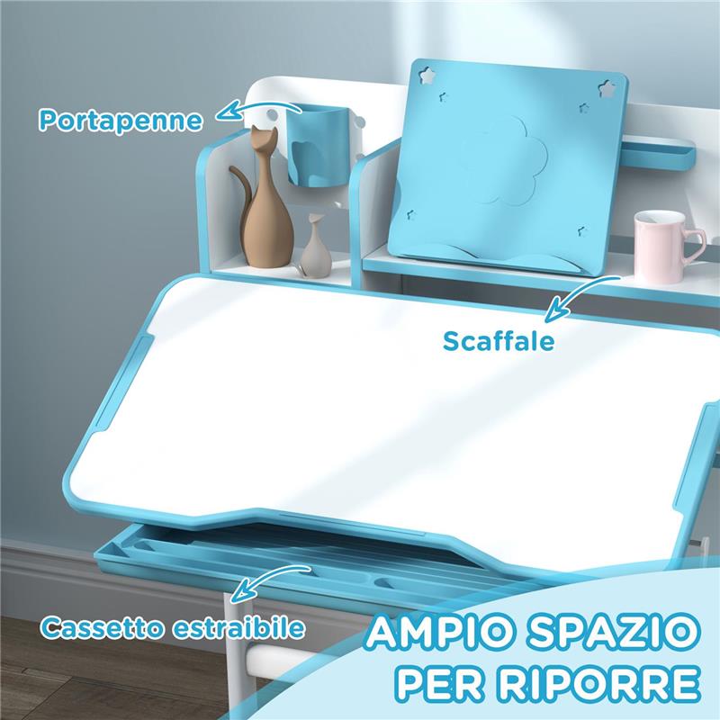 SET SCRIVANIA E SEDIA PER BAMBINI REGOLABILI BANCO SCUOLA CON PIANO INCLINABILE CASSETTO SCAFFALE BLU