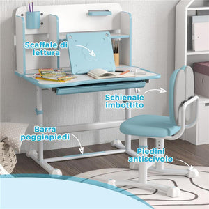 SET SCRIVANIA E SEDIA PER BAMBINI REGOLABILI BANCO SCUOLA CON PIANO INCLINABILE CASSETTO SCAFFALE BLU