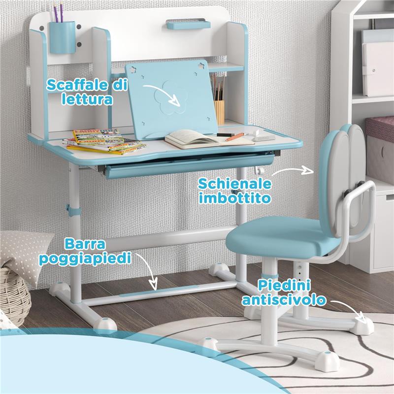 SET SCRIVANIA E SEDIA PER BAMBINI REGOLABILI BANCO SCUOLA CON PIANO INCLINABILE CASSETTO SCAFFALE BLU
