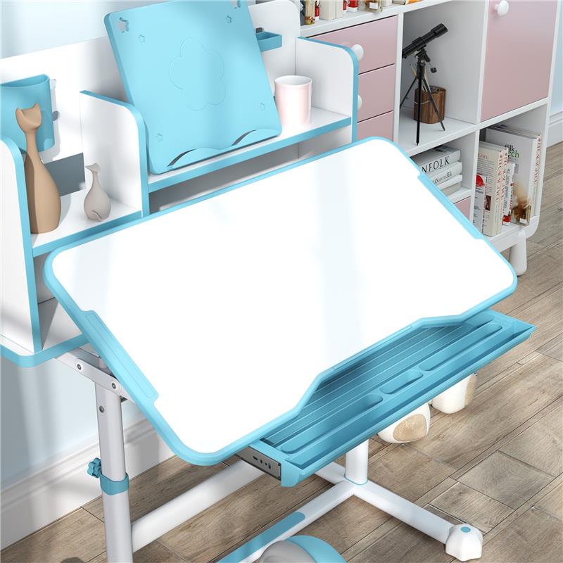 SET SCRIVANIA E SEDIA PER BAMBINI REGOLABILI BANCO SCUOLA CON PIANO INCLINABILE CASSETTO SCAFFALE BLU