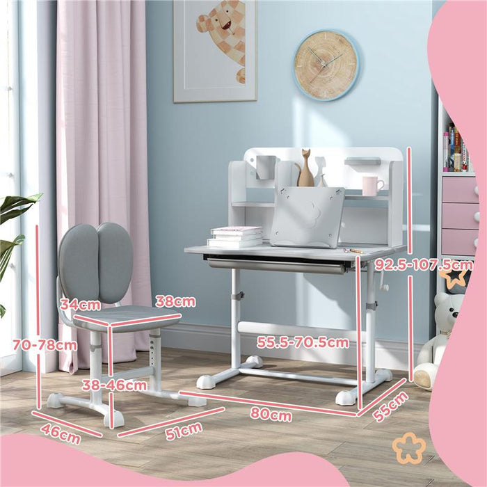 SET SCRIVANIA E SEDIA PER BAMBINI REGOLABILI BANCO SCUOLA CON PIANO INCLINABILE, CASSETTO SCAFFALE GRIGIO