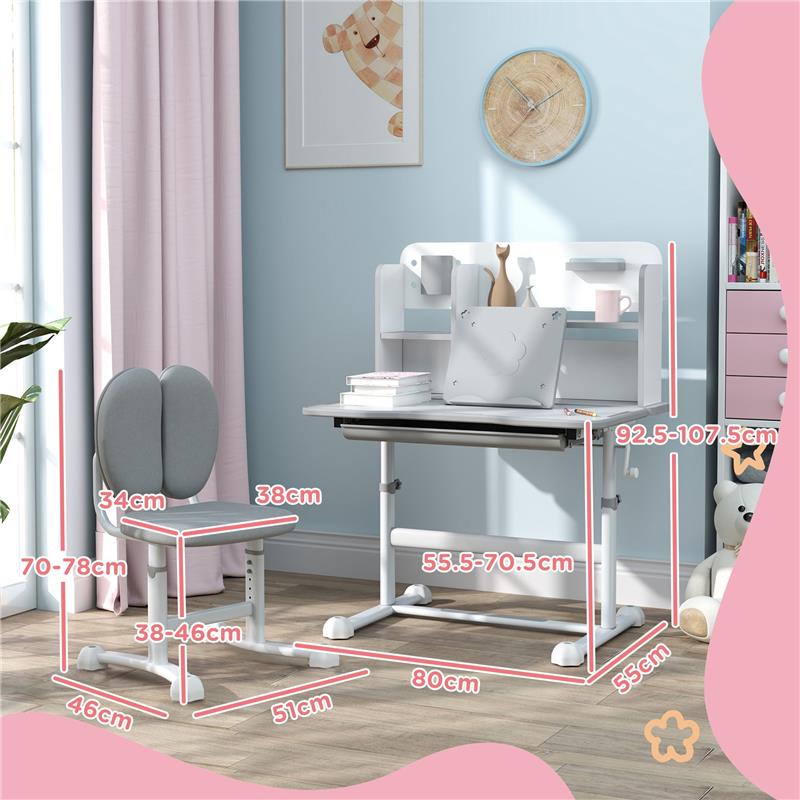 SET SCRIVANIA E SEDIA PER BAMBINI REGOLABILI BANCO SCUOLA CON PIANO INCLINABILE, CASSETTO SCAFFALE GRIGIO