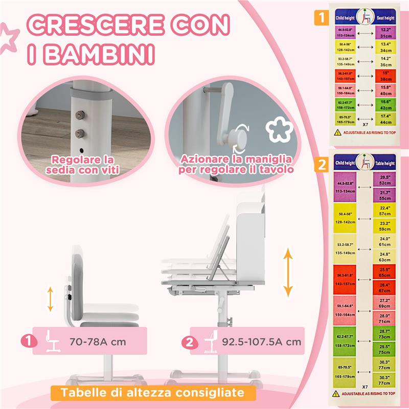 SET SCRIVANIA E SEDIA PER BAMBINI REGOLABILI BANCO SCUOLA CON PIANO INCLINABILE, CASSETTO SCAFFALE GRIGIO
