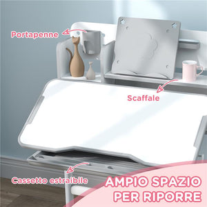 SET SCRIVANIA E SEDIA PER BAMBINI REGOLABILI BANCO SCUOLA CON PIANO INCLINABILE, CASSETTO SCAFFALE GRIGIO