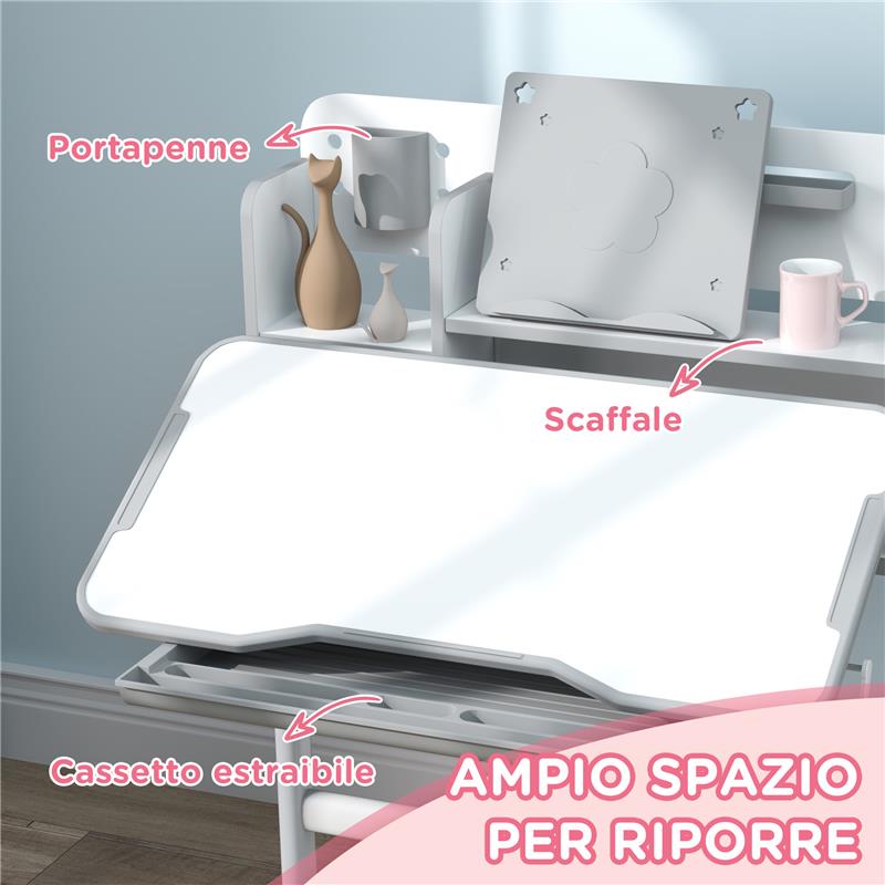 SET SCRIVANIA E SEDIA PER BAMBINI REGOLABILI BANCO SCUOLA CON PIANO INCLINABILE, CASSETTO SCAFFALE GRIGIO