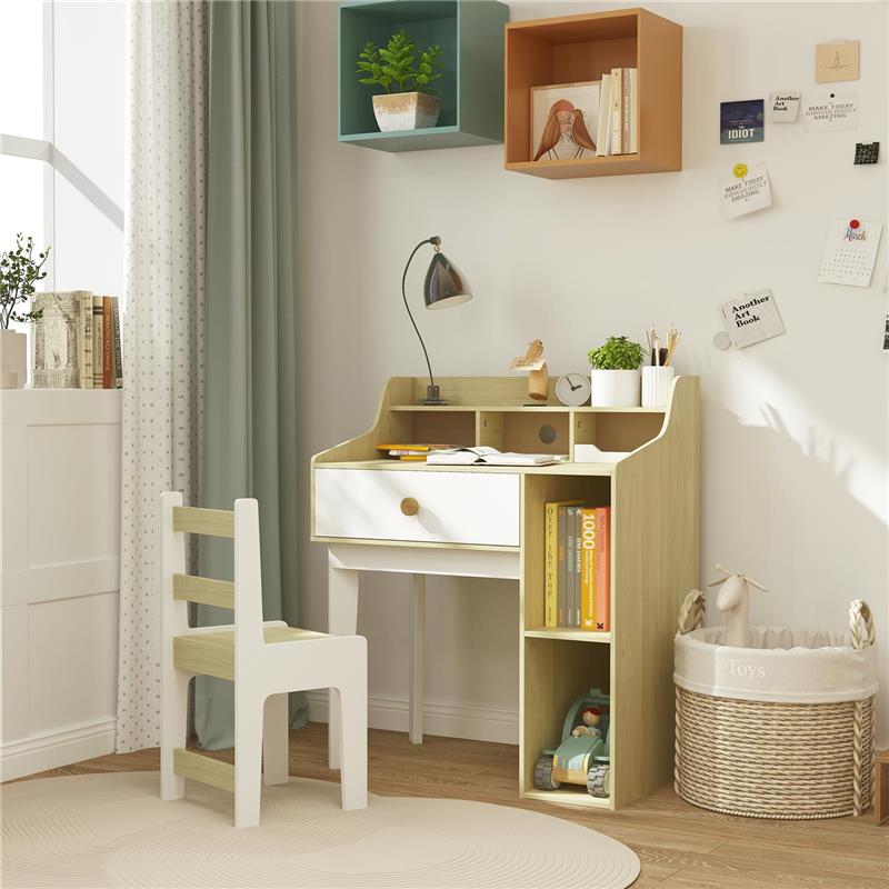 SET SCRIVANIA PER BAMBINI E SEDIA IN LEGNO CON SCAFFALE E CASSETTO ETÀ 3-10 ANNI BIANCO E LEGNO