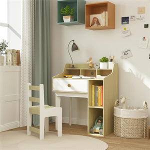 SET SCRIVANIA PER BAMBINI E SEDIA IN LEGNO CON SCAFFALE E CASSETTO ETÀ 3-10 ANNI BIANCO E LEGNO