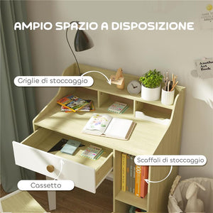 SET SCRIVANIA PER BAMBINI E SEDIA IN LEGNO CON SCAFFALE E CASSETTO ETÀ 3-10 ANNI BIANCO E LEGNO
