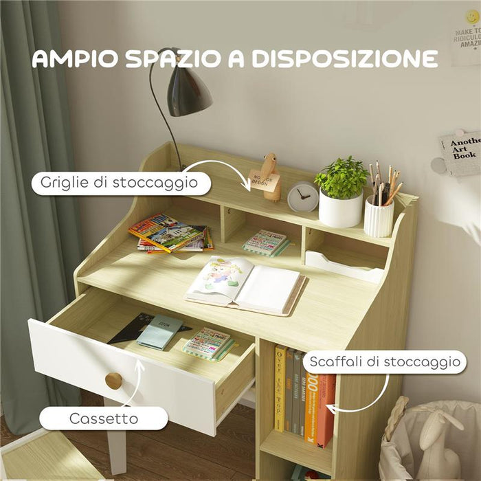 SET SCRIVANIA PER BAMBINI E SEDIA IN LEGNO CON SCAFFALE E CASSETTO ETÀ 3-10 ANNI BIANCO E LEGNO
