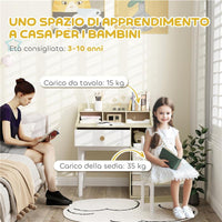 SET SCRIVANIA PER BAMBINI E SEDIA IN LEGNO CON SCAFFALE E CASSETTO ETÀ 3-10 ANNI BIANCO E LEGNO