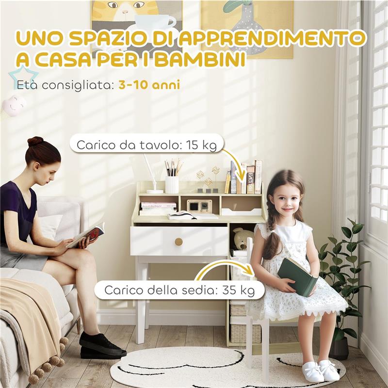 SET SCRIVANIA PER BAMBINI E SEDIA IN LEGNO CON SCAFFALE E CASSETTO ETÀ 3-10 ANNI BIANCO E LEGNO
