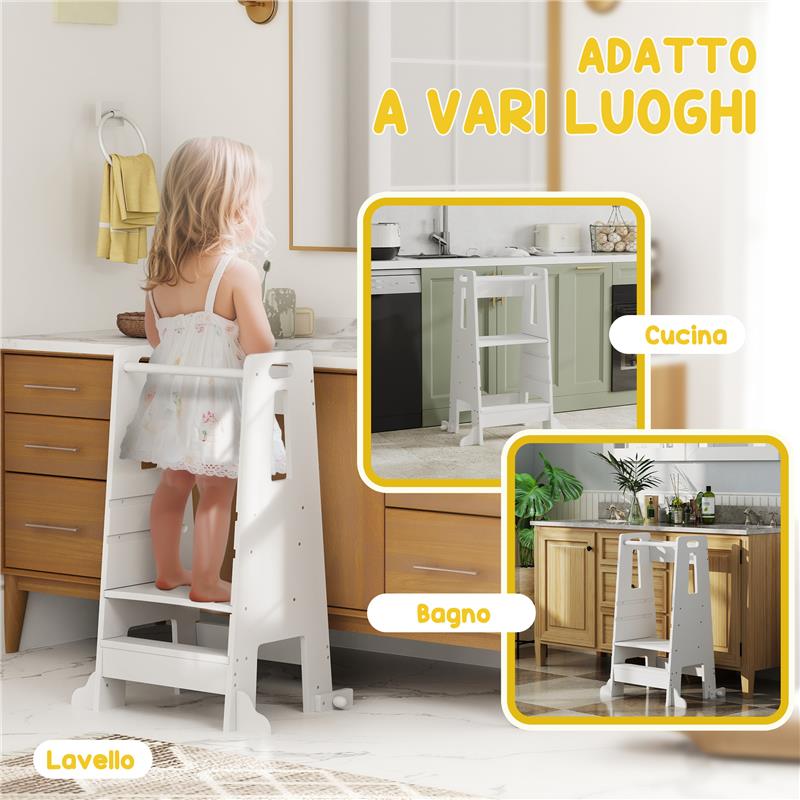 SCALA MONTESSORI PER BAMBINI REGOLABILE SU 3 LIVELLI CON BARRA DI SICUREZZA IN LEGNO 45X47.5X91 CM BIANCO
