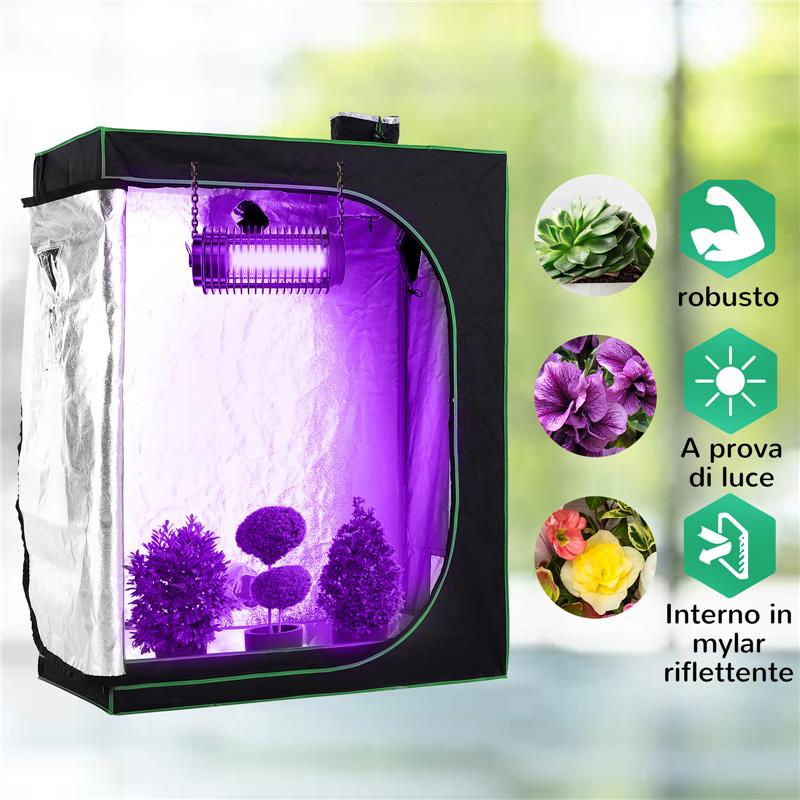 SERRA IDROPONICA IN MYLAR CON PRESE D'ARIA REGOLABILI PER COLTIVAZIONE DA INTERNO 120X60X150 CM NERO