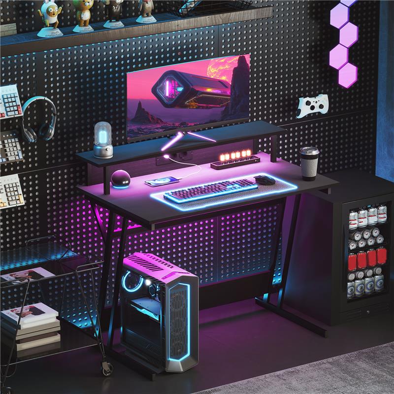 SCRIVANIA GAMING CON LUCI LED E SUPPORTO PER MONITOR IN TRUCIOLATO E ACCIAIO 100X60X88.5 CM NERO