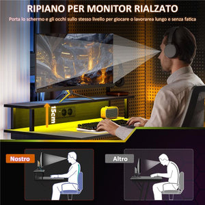 SCRIVANIA GAMING CON LUCI LED E SUPPORTO PER MONITOR IN TRUCIOLATO E ACCIAIO 100X60X88.5 CM NERO