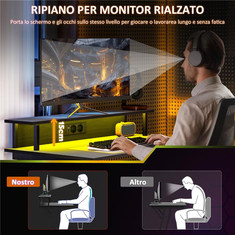SCRIVANIA GAMING CON LUCI LED E SUPPORTO PER MONITOR IN TRUCIOLATO E ACCIAIO 100X60X88.5 CM NERO